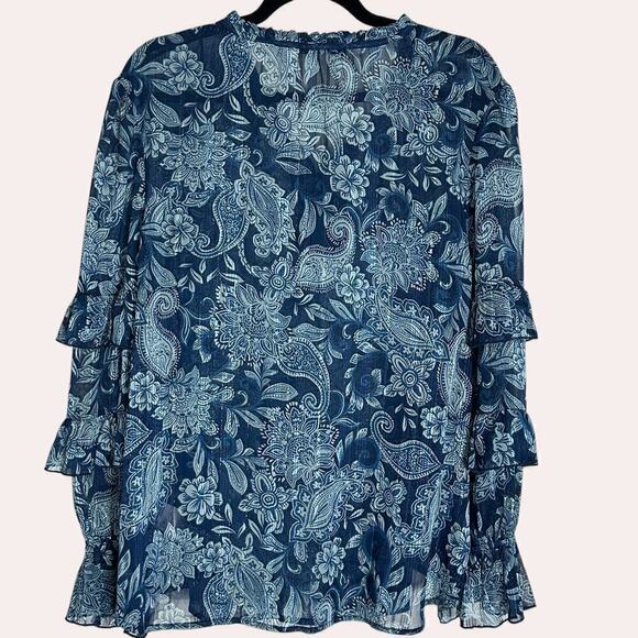 Frye and Co Floral Print Ruffle Sheer Metallic Thread Boho Pheasant Blouse (XL) - Picture 5 of 11